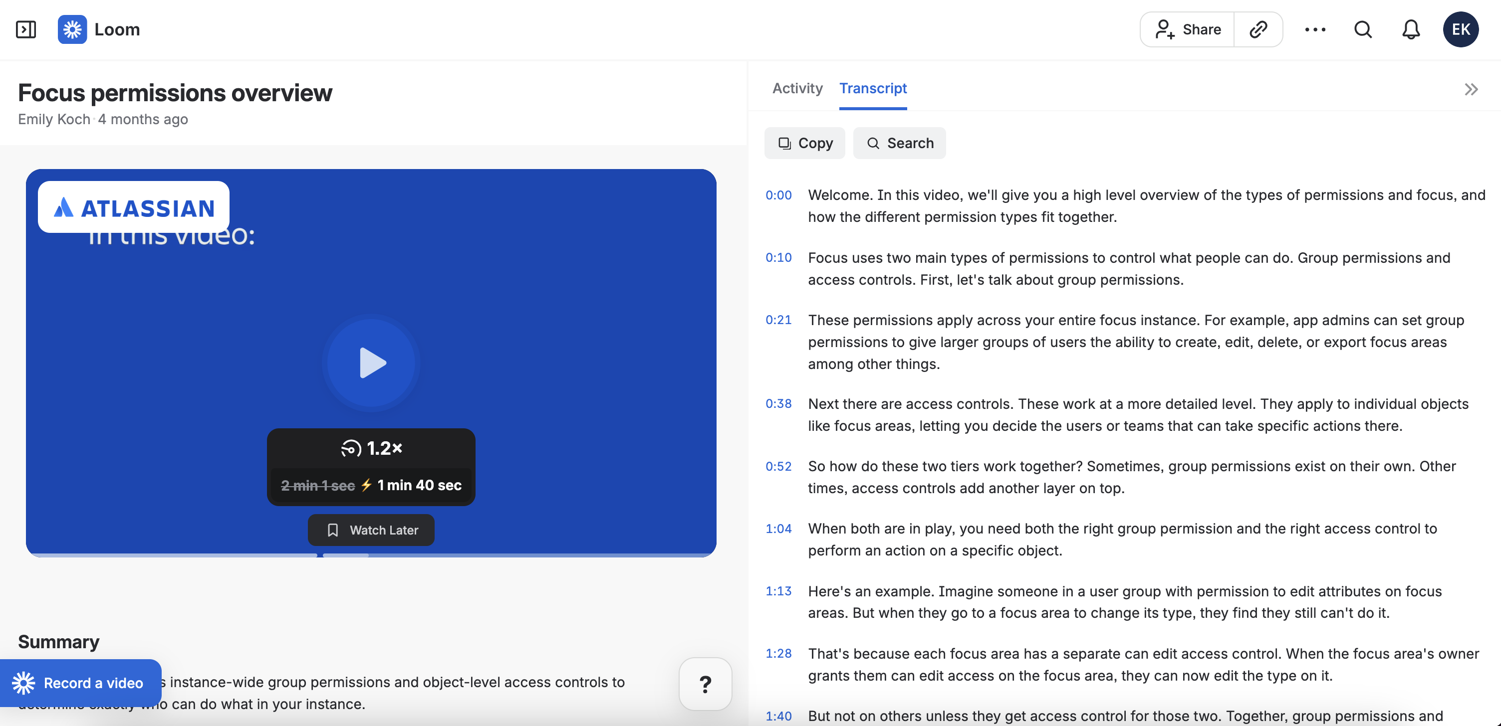 Screenshot of a Loom video, titled Focus permissions overview, with a video transcript on the right.